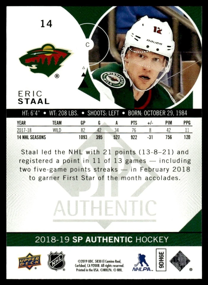 2018-19 SP Authentic Limited Red Eric Staal Minnesota Wild #14 . - Image 2 of 2