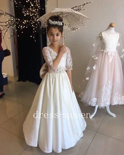 Girls Pageant Dress Lace Satin A-Line Long Flower Girl Dresses With Bow Crystals - Picture 3 of 8