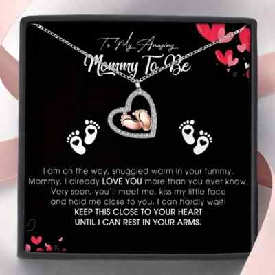   To My Mommy Necklace Gift For Pregnancy Baby Shower New Mom Heart Baby Feet