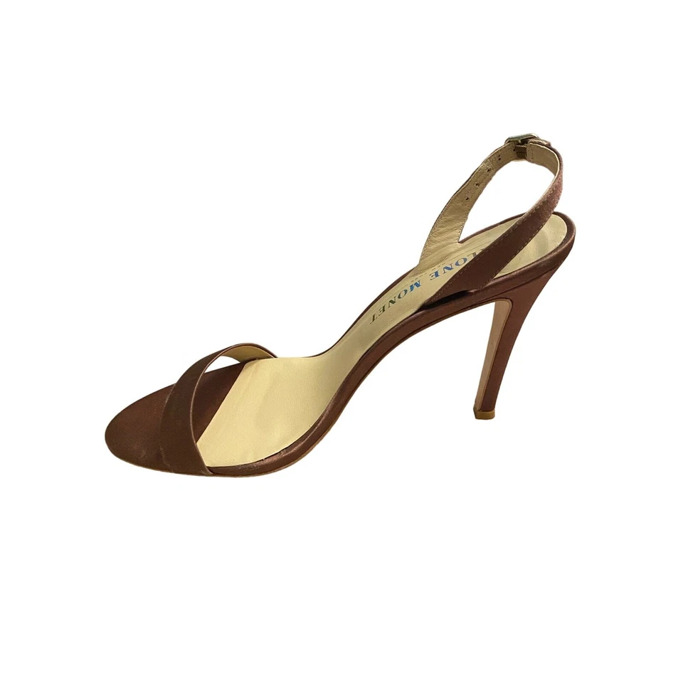 Sandalias de tacón alto Salone Monet Sable punta abierta banco con correa talla 9,5 M Foto 3 de 4