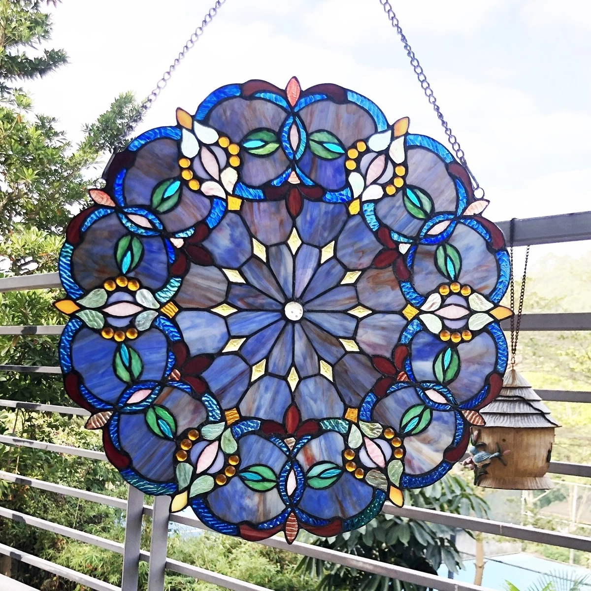 Stained Glass Tiffany Style Window Panel Victorian Art Glass Round  Suncatcher