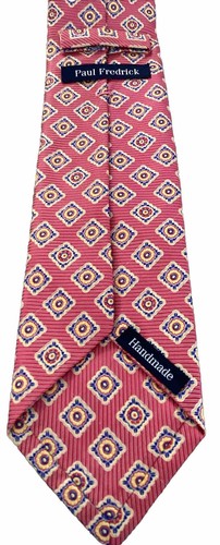 Paul Fredrick Handmade Men’s Pink, Gold Medallion Seven Fold Silk Necktie Italy