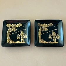2 Vintage KLEINE Co. 1940s Ashtrays/Trinket Trays Embossed Ceramic Black &  Gold