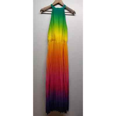 m&s maxi dresses Ms. Bling Maxi Dress Women Size M Green Purple Pleated Halter Elastic Waist