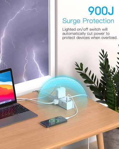 Striscia di Alimentazione Protezione da Sovratensioni, 6 Prese con 3 Porte USB (1 USB C), Multi Spina Wa - Foto 6 di 12