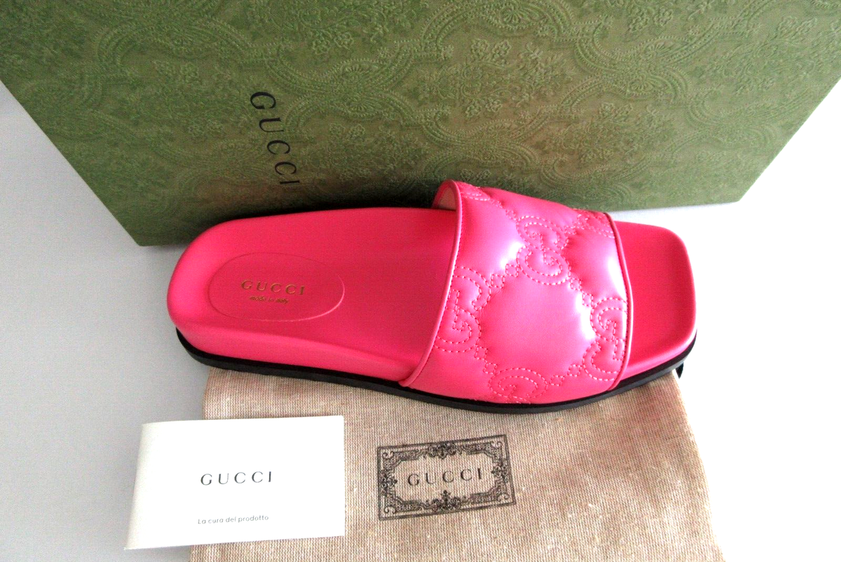 Gucci GG Charlotte Flats Pink Leather Slides Sandals Shoes size
