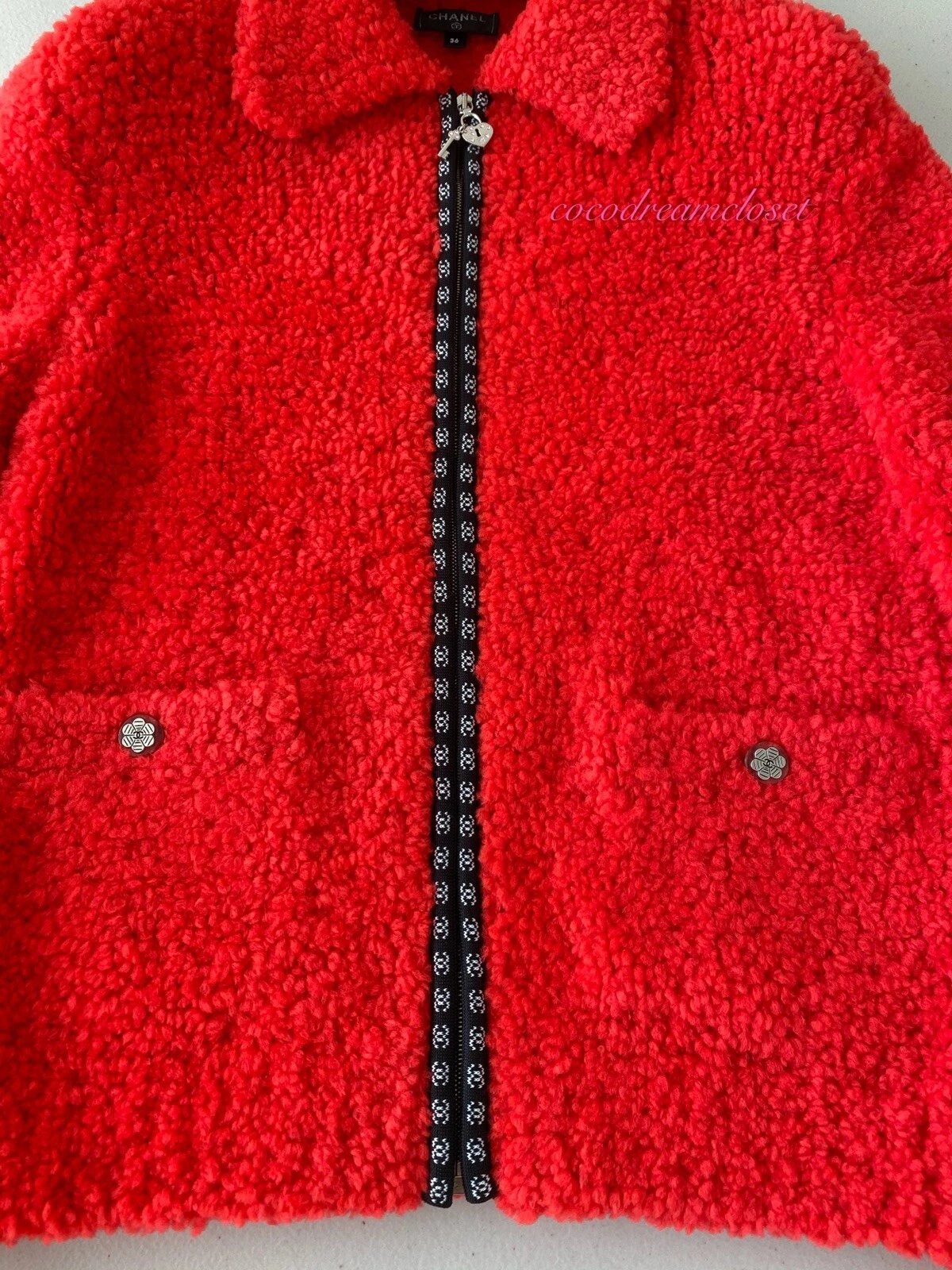 CHANEL 19K ROSSO ORSACCHIOTTO GRANDE LOGO CC MAGLIONE CARDIGAN GIACCA CAPPOTTO TG 36