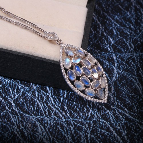 Moonstone Marquise Statement Pendant Necklace Cluster Women 925 Sterling Silver - Picture 2 of 5