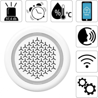 überwachungskamera Innen Mit Aufzeichnung Hama WLAN Alarmsirene Mit Temperatur- & Feuchtigkeitssensor – Smart, 97,4 DB, Für Alexa & Google Hama WLAN Sirene Temperatursensor Alexa Google Home