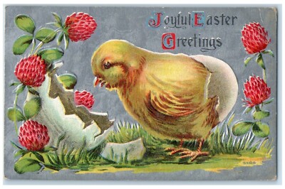 1910 Easter Greetings Baby Chick Hatched Egg Flowers Embossed Antique Postcard
