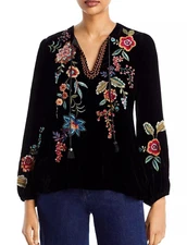 BNWT Johnny Was Ardell Embroidered Velvet Boho Relaxed Blouse Top Black XL $365