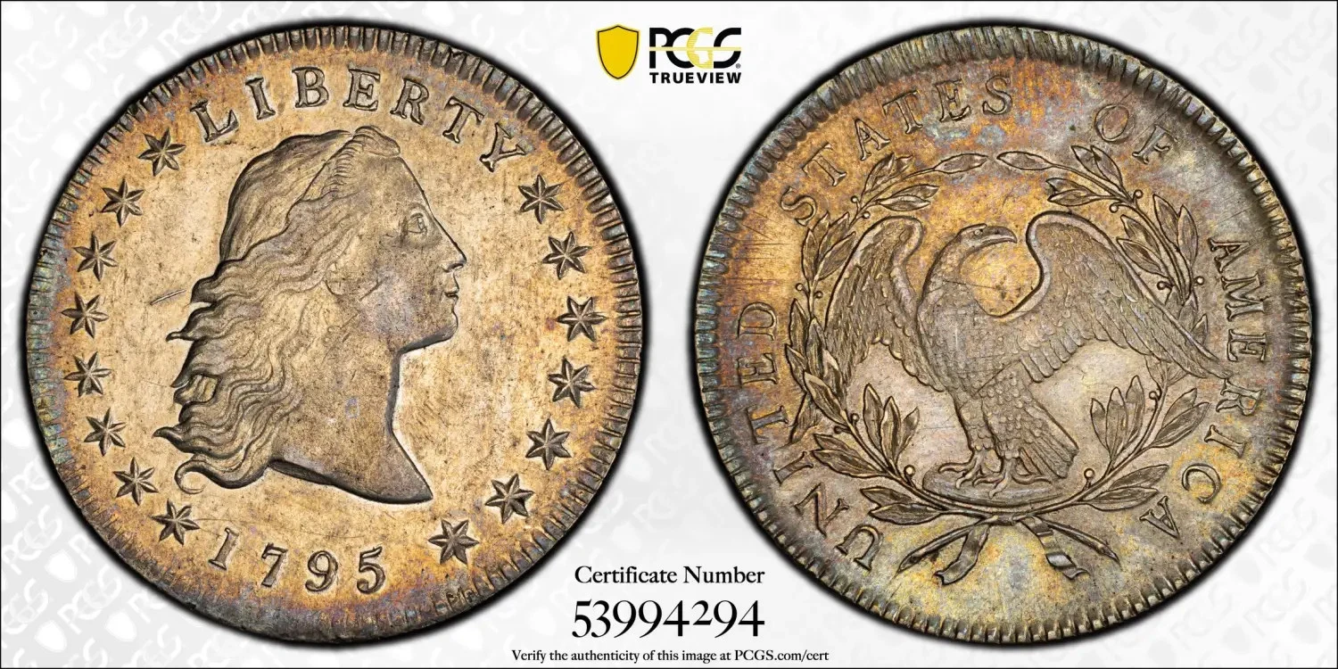 1795 $1 PCGS AU53 CAC Flowing Hair Silver Dollar 3 Leaves 53994294
