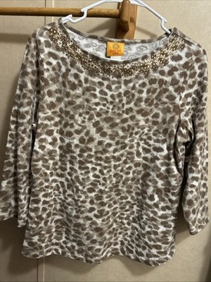 Ruby Rd Top Womens PM Brown Animal Print Pullover 3/4 Sleeve Casual Stretch