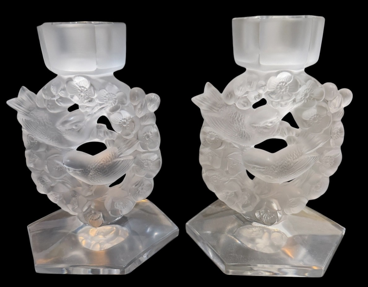 LALIQUE 2 MESANGES FROSTED CRYSTAL CANDLEHOLDERS BIRDS AMONG