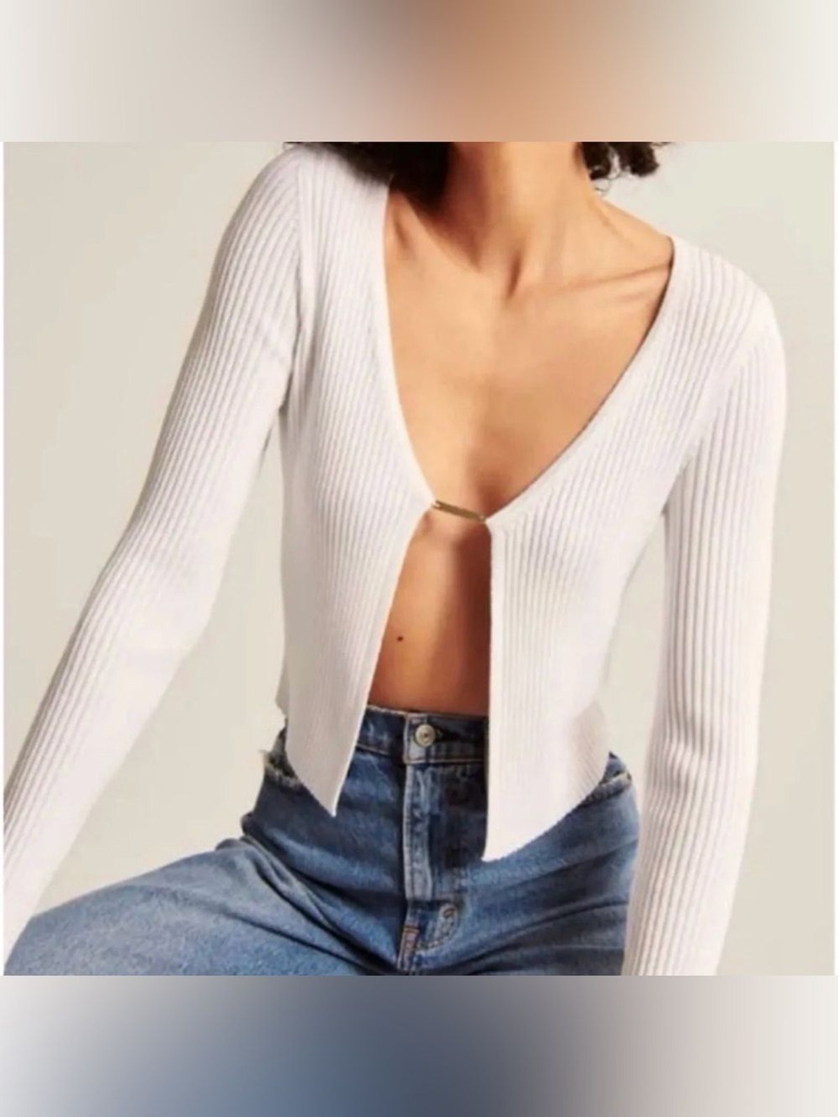 Abercrombie & Fitch Ivory Knit Ribbed Cropped Long Sleeve Cardigan Women's PS