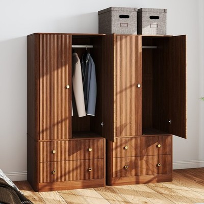Elegant Wooden Clothing Wardrobe 2 Drawers Hanging Storage For Bedroom IIBR
