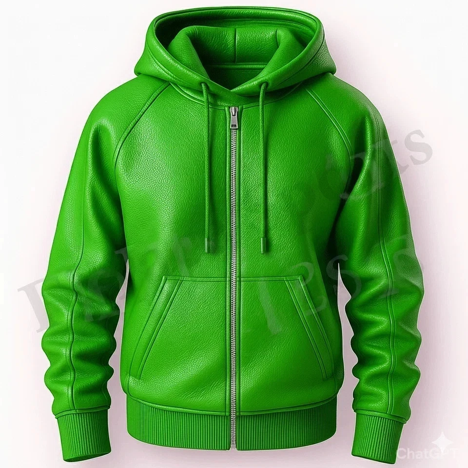 Men's Green Genuine Sheepskin Leather Hoodie Handmade Flight Jacket