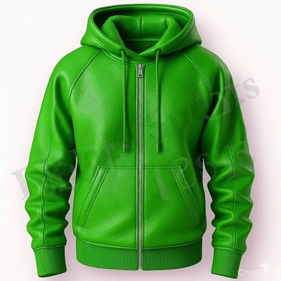 Men's Green Genuine Sheepskin Leather Hoodie Handmade Flight Jacket