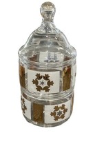 VTG MCM Gold Snowflake Clear Glass Apothecary Jar Vanity 9&rdquo; 2 Piece W/lid