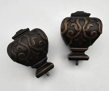 Ornate Scroll Detail Bronzed Black Gilt Drapery Rod Finials ~ Set Of 2
