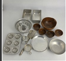 Vintage Aluminum Child's Toy Baking Set Lot 11pc Muffin Bundt Loaf Pans Bowls
