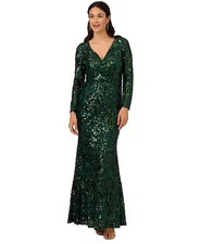 Adrianna Papell Women's Green Sequined Lace V-Neck Gown Dress Size 6