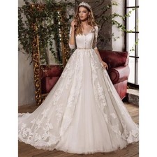 Elegant A Line Wedding Dresses 3/4 Long Sleeve Applique Lace Tulle Bridal Gowns