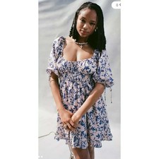 Urban Outfitters Blue Leaf Print Smocked Puff Sleeve Ruffle Mini Dress XS Cream