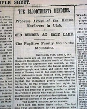 BLOODY BENDERS Labette County Kansas Family Murderers ARREST ? 1874 Newspaper
