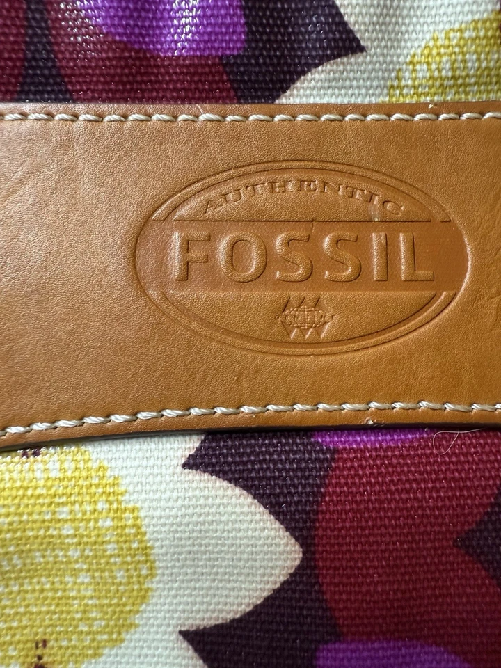 Bolso de Mano Fossil Floral PVC Recubierto Lona Cuero Borde Púrpura Amarillo Blanco Flor Foto 2 de 4