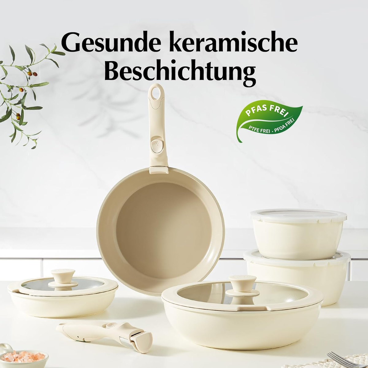 Set di pentole in ceramica bianca antiaderente, set da 5 pezzi con
