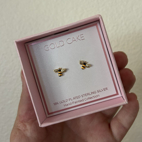 Gold Cake 18K Gold Plated 925 Sterling Silver Bee Stud Earrings Hand Painted