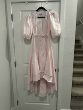 Ganni Pink Floral Wrap Dress Puff Sleeve Hi-Low Hem Organic Cotton Size 34