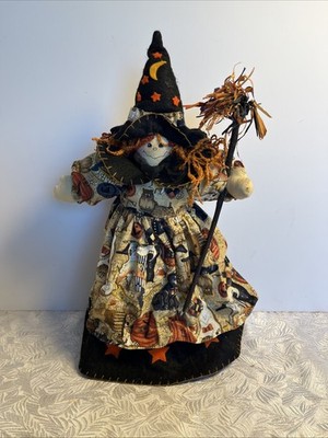 Rare NWT, Prima Creations, Vintage Fabric Orange And Black Witch With Broom 18 