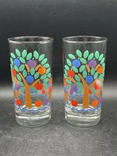 Glass High Ball Tumblers/Juice Set of 2 Fruit Basket & Tree 1984 CHD Vintage