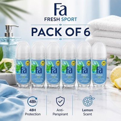 PACK OF 6 Fa Fresh Sport Roll On Antiperspirant 50mL Lemon Scent 48