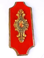 Vtg Jaru Plaster & Red Velvet Wall Hanging Plaque Scrollwork w Woman Cntr #17431