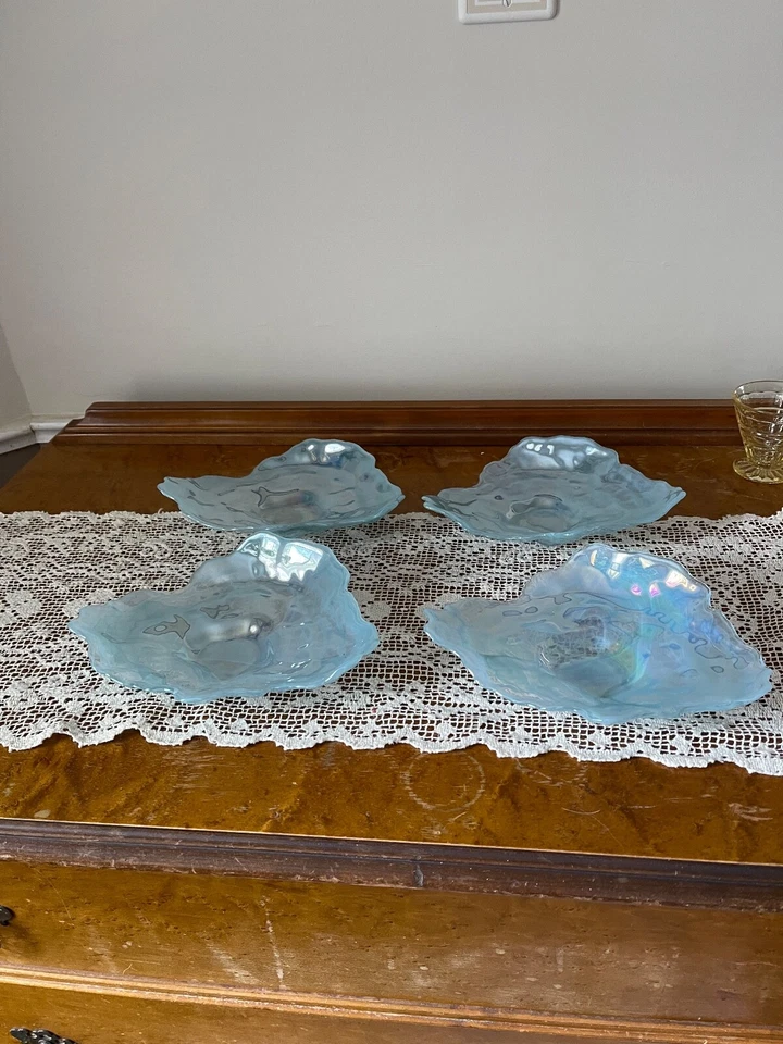 Plato decorativo de vidrio artístico concha de ostra nacarada/iridiscente. Juego de 4 Foto 2 de 4