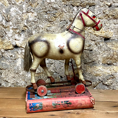 Ancien Jouet En Bois - Attelage Cheval à Roulettes Avec Remorque - Style Dejou - 1920