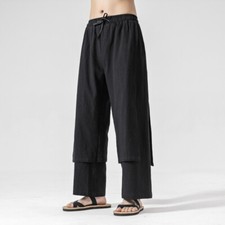 Men's Kung Fu Pants Tai Chi Chinese Tang Suit Trousers Elastic Waist Wide Leg