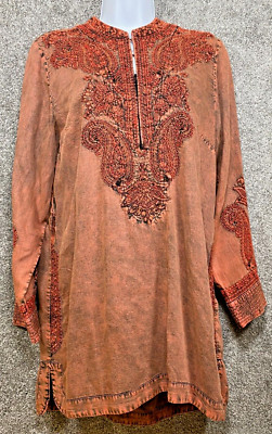 Soft Surroundings Womens PM Chambray Embroidered Floral Tunic Top Boho