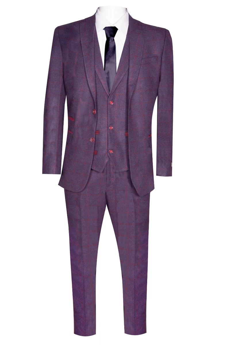 Mens 3 Piece Tweed Suit Plum Purple Check Peaky Blinders Classic