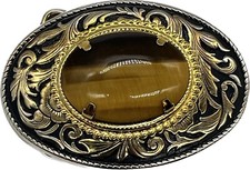 Vintage Oval Western Belt Buckle Gold Tone With Tiger Eye Cabachon Gemstone