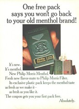 1966 Philip Morris Cigarettes Vintage Print Ad New Menthol Free Pack Offer