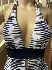 NWT Bondi Born Plunge Front Halter One Piece Swimsuit White Navy Size US 2 225