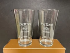 Two (2) Etched Four Roses Bourbon Whiskey Glass Tumblers - 5 3/4" Tall