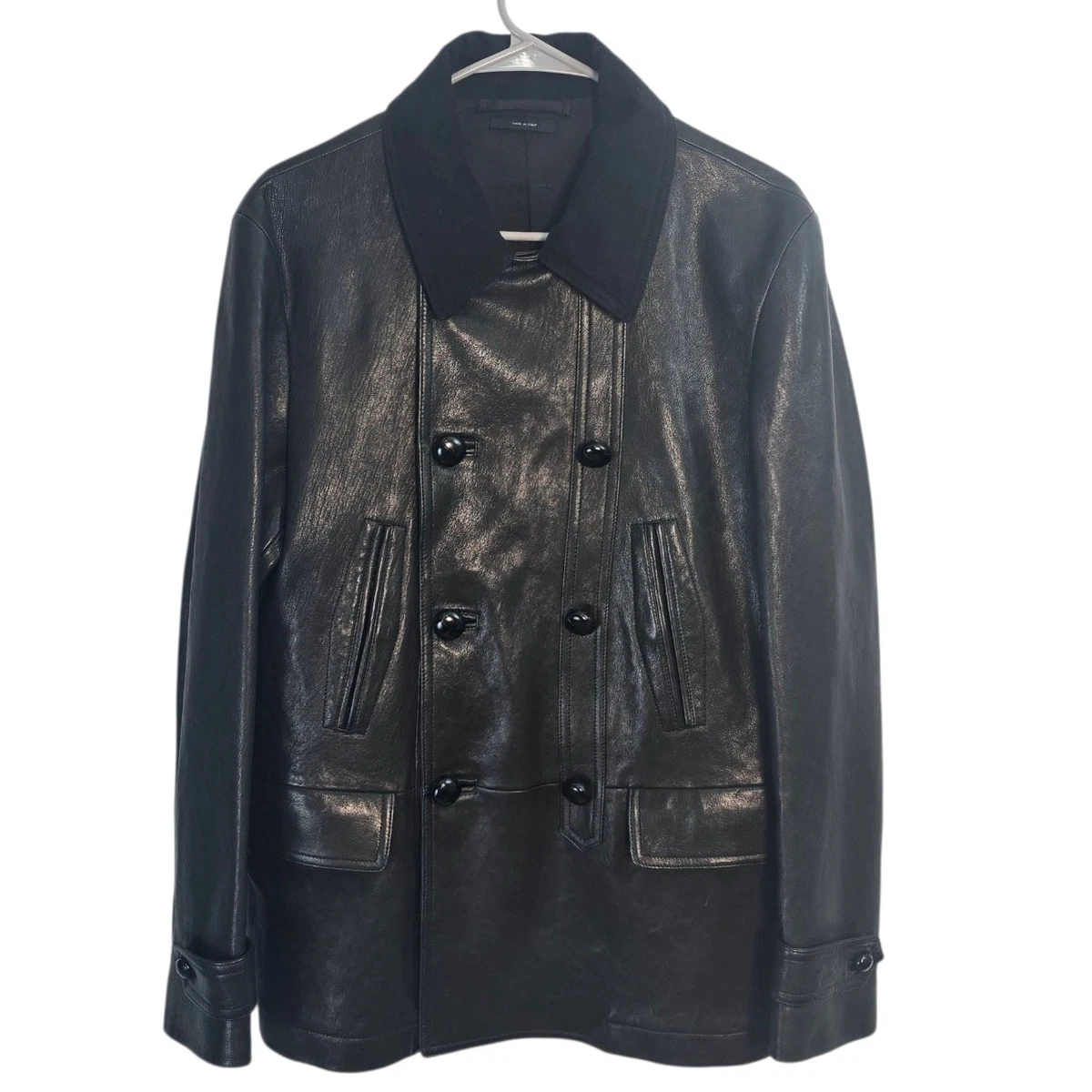 Solid Leather Outer Shell Pea Coat Coats, Jackets & Vests for Men