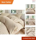 Queen Size Tan Gingham Comforter Set 3 Pieces Breathable Cotton and Polyester
