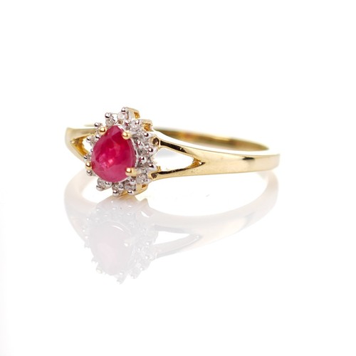 Anello Rubino 9ct Misura O.5 Diamante Oro Giallo 0,42ct Pera Rossa Trattata Regalo - Foto 10 di 12