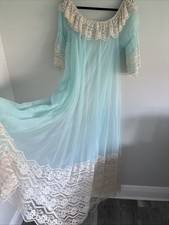 Vintage Chiffon Bridal Blue Dressing Gown Robe Peignoir Lace Trim Ruffles M/L